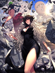 Rule 34 | 10s, 1boy, 2016, 2girls, artist name, ass, bald, black dress, black footwear, black hair, blue sky, breasts, building, cannon, cape, cleavage, clenched teeth, collarbone, covered navel, curly hair, dated, day, destruction, dress, expressionless, feather trim, fingering, floating rock, flying, from below, fubuki (one-punch man), gloves, glowing, glowing eyes, green eyes, green hair, high heels, highres, huge ass, large breasts, light rays, lips, long sleeves, md5 mismatch, multiple girls, no panties, one-punch man, outdoors, outstretched arm, parted lips, profile, red gloves, resolution mismatch, saitama (one-punch man), shiny skin, shoes, siblings, side slit, sisters, sky, source larger, standing, sun, sunlight, tatsumaki, teeth, telekinesis, thighs, tsurime, turret, walking, white cape, wide hips, xaxak, yellow eyes