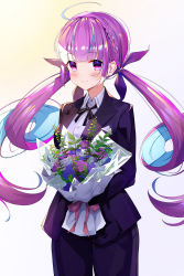 Rule 34 | 1girl, absurdres, ahoge, alternate costume, anchor symbol, bad id, bad pixiv id, beige background, black ribbon, blue flower, blue hair, blue jacket, blue pants, blunt bangs, blush, bouquet, braid, breasts, closed mouth, collared shirt, colored inner hair, commentary request, cowboy shot, cqingwei, drill hair, flower, french braid, gradient background, hair ribbon, highres, holding, holding bouquet, hololive, jacket, long hair, long sleeves, looking at viewer, low twintails, medium breasts, minato aqua, multicolored hair, pants, pink flower, purple eyes, purple hair, ribbon, shirt, smile, solo, twin drills, twintails, two-tone hair, virtual youtuber, white shirt, wing collar