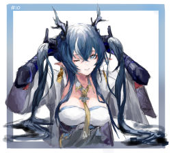 Rule 34 | 1girl, absurdres, alternate hairstyle, arknights, blue border, blue eyes, blue hair, border, commentary, hair between eyes, highres, holding, holding own hair, horns, ling (arknights), long hair, looking at viewer, necktie, outside border, parted lips, pointy ears, shirt, solo, strapless, strapless shirt, twintails, upper body, white background, white shirt, yellow necktie, yuukiey