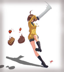 Rule 34 | 1girl, ahoge, birthday cake, black footwear, black shorts, boots, breasts, brown hair, cake, chocolate cake, commentary, cutting, doolio, english commentary, food, fruit, full body, highres, hood, hood down, hoodie, linne, reverse grip, short hair, shorts, small breasts, solo, strawberry, sword, turtleneck, under night in-birth, weapon