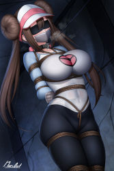 Rule 34 | 1girl, arms behind back, bdsm, blindfold, bondage, bound, breasts, brown hair, collar, creatures (company), crotch rope, double bun, gag, gagged, game freak, hair bun, highres, impossible clothes, impossible shirt, improvised gag, large breasts, leash, leash pull, nintendo, pantyhose, plusout, pokemon, pokemon bw2, rope, rosa (pokemon), shibari, shibari over clothes, shirt, signature, tape, tape gag, taped fingers, taped hands, twintails, visor cap