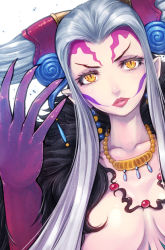 Rule 34 | 1990s (style), 1girl, breasts, cleavage, dissidia final fantasy, earrings, elf, facial mark, final fantasy, final fantasy viii, jewelry, large breasts, lips, lipstick, long hair, mahito, makeup, necklace, pointy ears, retro artstyle, silver hair, slit pupils, solo, square enix, ultimecia, yellow eyes