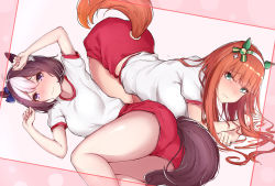 Rule 34 | 2girls, all fours, animal ears, arms up, ass, brown hair, clenched hands, clothing cutout, green eyes, gym uniform, hairband, horse ears, horse girl, horse tail, long hair, lying, multiple girls, on side, purple eyes, red shorts, sherryqq, shirt, short hair, short shorts, shorts, silence suzuka (umamusume), special week (umamusume), tail, tail through clothes, top-down bottom-up, umamusume, white shirt