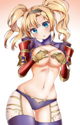 Rule 34 | 10s, 1girl, blonde hair, blue eyes, breasts, covering privates, covering breasts, g pon (gachapon), gauntlets, gradient background, granblue fantasy, groin, hairband, large breasts, looking at viewer, navel, short hair, solo, thick thighs, thighhighs, thighs, twintails, wide hips, zeta (granblue fantasy)
