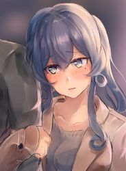 Rule 34 | 1girl, 1other, alternate costume, arm hug, bad id, bad twitter id, blouse, blue eyes, blue hair, brown coat, coat, collarbone, commentary request, gotland (kancolle), grey shirt, hair bun, highres, kantai collection, long hair, looking to the side, miyako (rgrayt), mole, mole under eye, shirt, single hair bun, solo focus, upper body