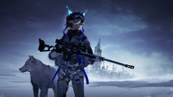 Rule 34 | 1boy, absurdres, animal ears, blue eyes, camouflage, camouflage jacket, fake animal ears, gloves, goggles, goggles on head, gun, hat, headset, highres, jacket, male focus, original, rifle, sniper rifle, scope, snow, solo, strap, weapon, white gloves, white hair, wolf, ygerian