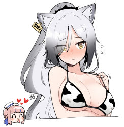 Rule 34 | 2girls, @ @, animal ears, animal print, arknights, bare shoulders, bikini, blush, breasts, cat ears, ceylon (arknights), chibi, chibi inset, cleavage, collarbone, cow print, cropped torso, ear tag, embarrassed, eyes visible through hair, feather hair, gradient hair, hair over one eye, halterneck, halterneck, highres, junsuina fujunbutsu, large breasts, long hair, looking at viewer, multicolored hair, multiple girls, nose blush, ponytail, schwarz (arknights), silver hair, simple background, strap pull, string bikini, swimsuit, white background, white bikini