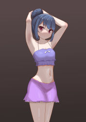 Rule 34 | 1girl, absurdres, armpits, arms up, bikini, blue hair, bow, breasts, brown background, commentary, doluluda, gradient background, hair bun, highres, looking at viewer, navel, presenting armpit, purple bikini, purple eyes, shima rin, simple background, single hair bun, small breasts, solo, stomach, swimsuit, yurucamp