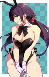 Rule 34 | 1girl, animal ears, aqua background, bare legs, bare shoulders, black bow, black bowtie, black leotard, bow, bowtie, breasts, checkered background, cleavage, clenched teeth, collarbone, detached collar, duke (inu daimyou), fake animal ears, gloves, green eyes, hair ornament, hair scrunchie, leotard, long hair, looking at viewer, love live!, love live! school idol project, low twintails, medium breasts, playboy bunny, purple hair, rabbit ears, red scrunchie, scrunchie, smile, solo, teeth, tojo nozomi, twintails, white gloves