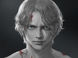 Rule 34 | 1boy, black background, blood, blood on face, blue eyes, closed mouth, hair over one eye, injury, kdash, light particles, looking at viewer, male focus, monochrome, no headwear, one piece, portrait, realistic, sabo (one piece), scar, scratches, shade, solo, spot color