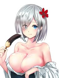 Rule 34 | 10s, 1girl, :q, ase tou mi kaameru, bad id, bad pixiv id, bare shoulders, blue eyes, blush, breasts, chocolate banana, cleavage, collarbone, female focus, flower, food, hair flower, hair ornament, hair over one eye, hairclip, hamakaze (kancolle), highres, holding, holding food, huge breasts, japanese clothes, kantai collection, kimono, looking at viewer, md5 mismatch, off shoulder, open clothes, sexually suggestive, short hair, silver hair, simple background, solo, suggestive fluid, tongue, tongue out, upper body, white background, yukata