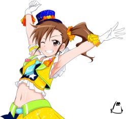 Rule 34 | 10s, 1girl, armband, armpits, arms up, brown eyes, brown hair, futami mami, glitter, gloves, grin, hat, heart, idolmaster, idolmaster (classic), idolmaster one for all, jabara tornado, looking at viewer, midriff, navel, necktie, one eye closed, scrunchie, short necktie, side ponytail, simple background, smile, solo, star (symbol), top hat