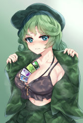 Rule 34 | 1girl, 3:, aqua eyes, between breasts, black tank top, blush, breasts, camouflage, camouflage jacket, camouflage skirt, card, card between breasts, cirno, cleavage, closed mouth, collarbone, fingernails, furrowed brow, gradient background, green background, green hair, green hat, green jacket, hat, jacket, kaeranu kaeru, key, large breasts, long hair, looking at viewer, midriff, navel, nose blush, removing jacket, simple background, skirt, skirt set, solo, sweat, sweatdrop, tank top, touhou, unconnected marketeers, upper body, wet, wet clothes, yamashiro takane