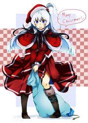 Rule 34 | 1girl, boots, brown footwear, capelet, dress, hair bobbles, hair ornament, hat, highres, knee boots, long hair, merry christmas, outside border, sack, santa hat, shinki (touhou), side ponytail, silver hair, snow boots, solo, speech bubble, touhou, touhou (pc-98), wadante