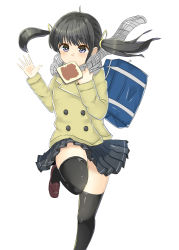 Rule 34 | 1girl, aquna, bag, black skirt, black thighhighs, blazer, blush, bread slice, brown footwear, buttons, carrying bag, commentary request, cowboy shot, floating hair, food, food in mouth, grey scarf, hair ribbon, hand up, jacket, long sleeves, looking at viewer, mouth hold, original, plaid, plaid scarf, pleated skirt, purple eyes, ribbon, scarf, school bag, school uniform, shoes, simple background, skirt, solo, standing, standing on one leg, thighhighs, thighs, toast, toast in mouth, twintails, white background, yellow ribbon