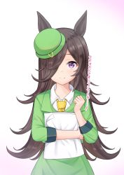 Rule 34 | 1girl, absurdres, animal ears, bad id, bad pixiv id, black hair, closed mouth, collared shirt, commentary, gradient background, green headwear, green jacket, hair over one eye, highres, horse ears, jacket, long hair, looking at viewer, mitsumine raimu, necktie, paper stack, pink background, purple eyes, rice shower (umamusume), shirt, smile, solo, tilted headwear, translated, umamusume, upper body, very long hair, white background, white shirt, yellow necktie