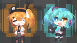 Rule 34 | 0001 (vocaloid), 2girls, a.i. voice, abstract background, absurdres, adachi rei, alternate eye color, alternate hairstyle, bandage over one eye, belt, black pantyhose, black shirt, black sleeves, blue eyes, blue hair, blush stickers, boots, chibi, closed eyes, detached sleeves, facing viewer, full body, grey background, grey skirt, hair ornament, hair ribbon, hairclip, hand on own chest, hatsune miku, headlamp, highres, jacket, long sleeves, looking at viewer, medium hair, missing eye, multiple girls, open clothes, open jacket, open mouth, orange belt, orange eyes, orange hair, pantyhose, pleated skirt, radio antenna, ribbon, shino8miya3, shirt, shoes, side ponytail, skirt, sleeveless, sleeveless shirt, smile, song name, standing, thigh boots, utau, vocaloid, white jacket, white ribbon