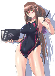 Rule 34 | 10s, 1girl, aoki hagane no arpeggio, book, brown hair, competition swimsuit, nib pen (object), glasses, hiei (aoki hagane no arpeggio), highres, long hair, low ponytail, nenchi, one-piece swimsuit, pen, ponytail, standing, swimsuit, very long hair, yellow eyes