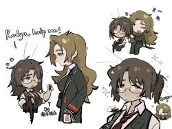 Rule 34 | 2girls, black choker, black coat, black pants, blue eyes, breasts, brown eyes, brown hair, chibi, choker, closed eyes, coat, collared shirt, full body, genderswap, genderswap (mtf), glasses, gregor (project moon), height difference, high ponytail, highres, large breasts, limbus company, long sleeves, low ponytail, multiple girls, multiple views, open mouth, pants, parted bangs, project moon, qingy7441, rodion (project moon), shirt, simple background, smile, tying another&#039;s hair, tying hair, white background, white shirt, wing collar