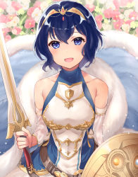 Rule 34 | 1girl, alternate hair color, bare shoulders, belt, blue eyes, blue hair, cape, commentary request, detached sleeves, falchion (fire emblem), fire emblem, fire emblem awakening, flower, fur cape, haru (nakajou-28), highres, holding, holding sword, holding weapon, morgan (female) (fire emblem), morgan (fire emblem), nintendo, open mouth, solo, sword, tiara, weapon