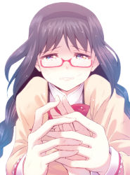 Rule 34 | 10s, 1girl, akemi homura, braid, foreshortening, frown, furai, glasses, highres, holding hands, mahou shoujo madoka magica, mahou shoujo madoka magica (anime), md5 mismatch, own hands together, red-framed eyewear, resolution mismatch, simple background, solo, source smaller, spoilers, twin braids, twintails, white background