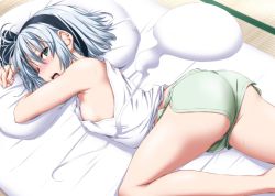 Rule 34 | 1girl, ass, bare arms, bare legs, bare shoulders, barefoot, black hairband, black ribbon, blush, breasts, commentary request, dolphin shorts, green eyes, green shorts, gym shorts, hair ribbon, hairband, hitodama, konpaku youmu, konpaku youmu (ghost), looking at viewer, lying, midriff peek, nori tamago, nose blush, open mouth, pillow, ribbon, short hair, short shorts, shorts, sideboob, sidelocks, silver hair, simple background, small breasts, solo, tank top, tatami, thighs, touhou, upshorts, white background