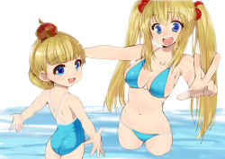 Rule 34 | 10s, 2girls, :d, amatsuka mari, amatsuka rikka, ass, baby princess, bikini, blonde hair, blue eyes, breasts, child, hair bobbles, hair ornament, kusaka souji, looking back, multiple girls, navel, one-piece swimsuit, open mouth, outstretched arms, smile, swimsuit, twintails, v, wading