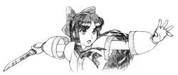 Rule 34 | 1girl, ainu clothes, black hair, breasts, fighting stance, fingerless gloves, gloves, hair ribbon, highres, long hair, looking at viewer, medium breasts, monochrome, nakoruru, open mouth, ribbon, samurai spirits, smile, snk, solo, the king of fighters, traditional media, weapon