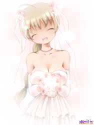 Rule 34 | 1girl, bare shoulders, bouquet, braid, breasts, bride, brown hair, cleavage, dr rex, dress, closed eyes, flower, jewelry, large breasts, long hair, lynette bishop, necklace, single braid, solo, strike witches, wedding dress, world witches series