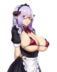 Rule 34 | 1girl, apron, bikini, bikini top only, bow, breasts, cleavage, covered erect nipples, demon girl, demon horns, demon maid (houtengeki), dress, glasses, horns, houtengeki, huge breasts, huge nipples, light purple hair, looking at viewer, maid, maid apron, maid headdress, medium hair, micro bikini, micro bikini top, open mouth, original, pointy ears, purple eyes, red bow, simple background, solo, standing, swimsuit, white background