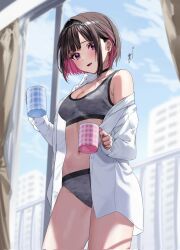 Rule 34 | 1girl, :d, armpit crease, balcony, black hair, black hairband, blue sky, bra, breasts, building, chigusa minori, cleavage, cloud, colored inner hair, corrupted twitter file, curtains, day, drink, grey bra, grey panties, hairband, highres, holding, holding drink, indoors, looking at viewer, medium breasts, multicolored hair, navel, off shoulder, open clothes, open mouth, open shirt, panties, parted lips, pink hair, shino to ren, shirayuki ren, shirt, short hair, sidelocks, single bare shoulder, sky, smile, solo, sports bra, stomach, streaked hair, thighs, translation request, two-tone hair, underwear, white shirt, window