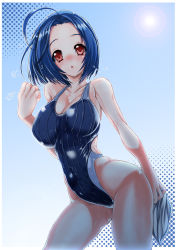 Rule 34 | 10s, 1girl, ahoge, blue hair, breasts, competition swimsuit, highleg, highleg swimsuit, idolmaster, idolmaster (classic), idolmaster 2, ken nave, large breasts, long hair, miura azusa, one-piece swimsuit, open mouth, red eyes, short hair, solo, swimsuit, towel, wet