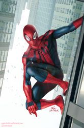 Rule 34 | 1boy, alt text, animal print, artist name, ben reilly, bird, blue bodysuit, blurry, bodysuit, bokeh, building, commentary, depth of field, english commentary, highres, in-hyuk lee, instagram username, knee to chest, knee up, looking at viewer, male focus, marvel, outdoors, red bodysuit, signature, sky, skyscraper, solo, spider-man, spider-man (series), spider print, spider web print, toned, toned male, upside-down, watermark, web address