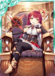 Rule 34 | 1girl, akkijin, bored, breasts, card (medium), clock, clockwork, looking at viewer, open mouth, orange eyes, red hair, shinkai no valkyrie, sitting, small breasts, solo, staff, thighhighs, throne, weapon