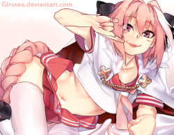 Rule 34 | 1boy, arm support, astolfo (fate), astolfo (sailor paladin) (fate), black bow, blush, bow, braid, cloak, closed mouth, collarbone, commentary, crop top, deviantart username, eyelashes, eyes visible through hair, fang, fang out, fate/apocrypha, fate/grand order, fate (series), finger to mouth, fingernails, fur-trimmed cloak, fur collar, fur trim, girutea, gradient background, hair between eyes, hair bow, hair intakes, hand up, index finger raised, long hair, looking at viewer, lying, male focus, miniskirt, multicolored hair, navel, neckerchief, on side, pink background, pink hair, pink neckerchief, pleated skirt, purple eyes, raised eyebrows, red sailor collar, red skirt, sailor collar, school uniform, serafuku, shirt, short sleeves, simple background, single braid, skirt, sleeve cuffs, smile, solo, stomach, streaked hair, thighhighs, tongue, tongue out, trap, two-tone hair, very long hair, watermark, web address, white cloak, white hair, white shirt, white thighhighs