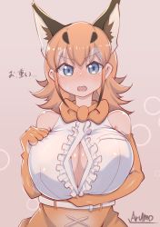 Rule 34 | 1girl, animal ears, artist name, belt, black hair, blue eyes, blush, bow, bowtie, breast pocket, breasts, brown background, caracal (kemono friends), cleavage, elbow gloves, female focus, frilled shirt, frills, gloves, gradient hair, hand on own chest, hand up, highres, huge breasts, japanese text, kemono friends, long hair, looking at viewer, motion lines, multicolored hair, nose blush, open clothes, open mouth, open shirt, orange bow, orange bowtie, orange gloves, orange hair, orange skirt, pocket, ryuusui arumo, shiny clothes, shiny skin, shirt, shirt tucked in, sidelocks, signature, simple background, skirt, sleeveless, sleeveless shirt, solo, sweat, talking, traditional bowtie, translation request, upper body, v-shaped eyebrows, white hair, white shirt