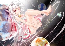 Rule 34 | 1girl, barefoot, bell, breasts, cleavage, dress, juna, long hair, necklace, original, pink eyes, planet, ribbon, white hair