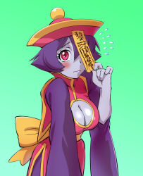 Rule 34 | 1girl, blue skin, blush, breasts, capcom, chinese clothes, cleavage, cleavage cutout, clothing cutout, colored skin, embarrassed, flying sweatdrops, green background, hat, jiangshi, large breasts, lei lei, ofuda, one eye covered, purple eyes, purple hair, qingdai guanmao, red eyes, short hair, solo, ueyama michirou, vampire (game), wavy mouth