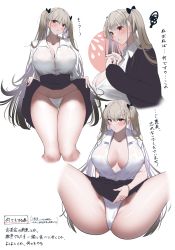 Rule 34 | 1girl, absurdres, alternate costume, azur lane, blue jacket, blue skirt, blush, breasts, cleavage, collared shirt, commentary request, formidable (azur lane), grey hair, hair ribbon, highres, huge breasts, jacket, looking at viewer, multiple views, open clothes, open shirt, panties, pleated skirt, red eyes, ribbon, shirt, simple background, skirt, string panties, suggestive fluid, translation request, twintails, underwear, uniform, white background, white panties, white shirt, yomare