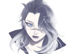 Rule 34 | 1girl, blue eyes, character name, chin piercing, closed mouth, ear piercing, expressionless, fade (valorant), greyscale, hair over one eye, highres, kuuki (kuuuukikunkun), looking at viewer, monochrome, multicolored hair, piercing, portrait, scar, scar on face, scar on nose, signature, simple background, solo, streaked hair, two-tone hair, valorant, white background