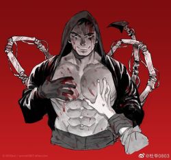 Rule 34 | 1boy, abs, bara, bare pectorals, blood, blood on chest, blood on face, blood on pectorals, caiman (dorohedoro), cropped legs, dorohedoro, guided pectoral grab, hood, hood up, hooded jacket, jacket, large pectorals, looking at viewer, male focus, mature male, muscular, muscular male, navel, nipples, pectorals, poopvirus, red background, sanpaku, seductive smile, short hair, sideburns, smile, solo focus, spoilers, stomach, sweatdrop, thick eyebrows