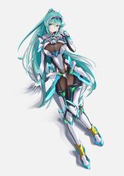Rule 34 | 1girl, breasts, chest jewel, full body, gloves, green eyes, green hair, highres, large breasts, long hair, pneuma (xenoblade), ponytail, sarasadou dan, simple background, sitting, solo, spoilers, tiara, very long hair, white background, xenoblade chronicles (series), xenoblade chronicles 2
