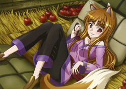 Rule 34 | 1girl, absurdres, animal ears, apple, blush, brown hair, casual, food, fruit, highres, holo, huge filesize, long hair, no socks, non-web source, red eyes, solo, spice and wolf, tail, wheat, wolf ears, wolf tail