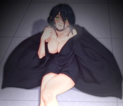 Rule 34 | 1girl, black choker, black hair, black robe, blush, breasts, breath, chainsaw man, choker, cleavage, collarbone, commentary, cowboy shot, eyes visible through hair, from above, green eyes, grenade pin, hair between eyes, hair bun, heavy breathing, highres, looking at viewer, medium breasts, naked robe, open mouth, pulling, reze (chainsaw man), robe, shadow, short hair, single hair bun, sitting, smile, solo, thighs, tile floor, tiles, wide sleeves, yamauchi (conan-comy)