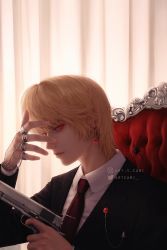 Rule 34 | 1boy, artcami, black jacket, black suit, blonde hair, bug, chain, closed mouth, commentary, dress shirt, earrings, formal, gun, hand up, highres, holding, holding gun, holding weapon, hunter x hunter, indoors, instagram username, jacket, jewelry, kurapika, lips, long sleeves, looking at viewer, male focus, necktie, red eyes, red necktie, shirt, short hair, sitting, solo, spider, suit, throne, weapon, white shirt