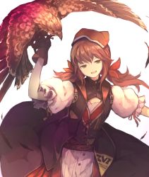 Rule 34 | 1girl, :d, animal on arm, bird, bird on arm, brown hair, character name, commentary request, dress, falcon, falcon (girls&#039; frontline), falconry, girls&#039; frontline, gloves, hair ribbon, harufude, head scarf, head tilt, long hair, looking at viewer, open mouth, puffy sleeves, red headwear, ribbon, short sleeves, smile, solo, twintails, white background