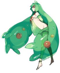Rule 34 | 1girl, anklet, arms behind back, bad id, bad twitter id, bare shoulders, barefoot, barefoot sandals (jewelry), breasts, bright pupils, closed mouth, creatures (company), detached sleeves, elbow gloves, facial mark, female focus, full body, game freak, gen 5 pokemon, gloves, green eyes, green hair, green leggings, green theme, groin, highres, jewelry, kz 609, leggings, long hair, long sleeves, navel, nintendo, personification, pokemon, pokemon bw, prehensile hair, reuniclus, see-through, sideboob, simple background, small breasts, solo, toeless legwear, toes, very long hair, white background