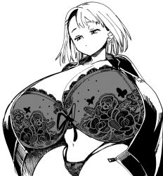 Rule 34 | 1girl, bra, breasts, cleavage, curvy, floral print, gigantic breasts, half-closed eyes, inui achu, lace, lace bra, monochrome, narrow waist, original, short hair, solo, thick thighs, thighs, thong, underwear, wide hips