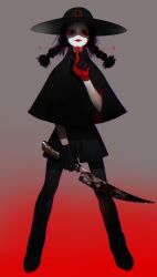 Rule 34 | 1girl, black capelet, black hair, black hat, black shorts, braid, capelet, colored sclera, finger to mouth, full body, gloves, gradient background, grey background, hat, highres, holding, holding knife, knife, legs apart, looking at viewer, messy hair, open mouth, original, pale skin, pigeon666, red background, red sclera, shorts, shushing, solo, standing, twin braids