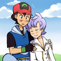 Rule 34 | 1boy, 1girl, anabel (pokemon), ash ketchum, baseball cap, black gloves, black hair, blue pants, blush, brown hair, creatures (company), day, dress shirt, closed eyes, fingerless gloves, game freak, gloves, grass, hands on another&#039;s shoulders, hat, highres, hooded shirt, long sleeves, looking at another, nintendo, open mouth, outdoors, pants, pokemon, pokemon (anime), pokemon rse (anime), purple hair, red headwear, shirt, short hair, short sleeves, sky, sleeping, sleeping on person, smile, upper body, white shirt